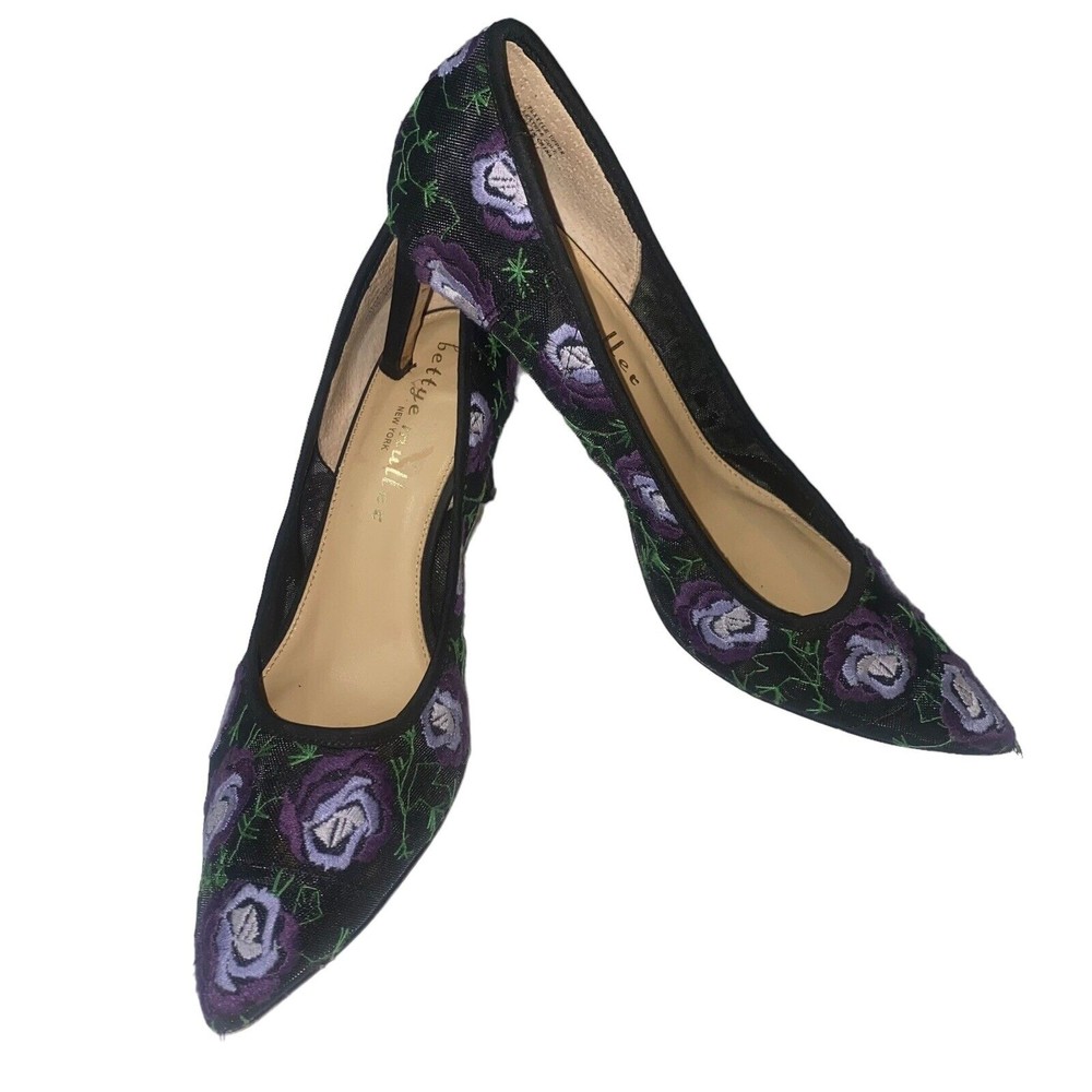 BETTYE MULLER Embroidered See Through Floral Pumps Black Purple Women 8M